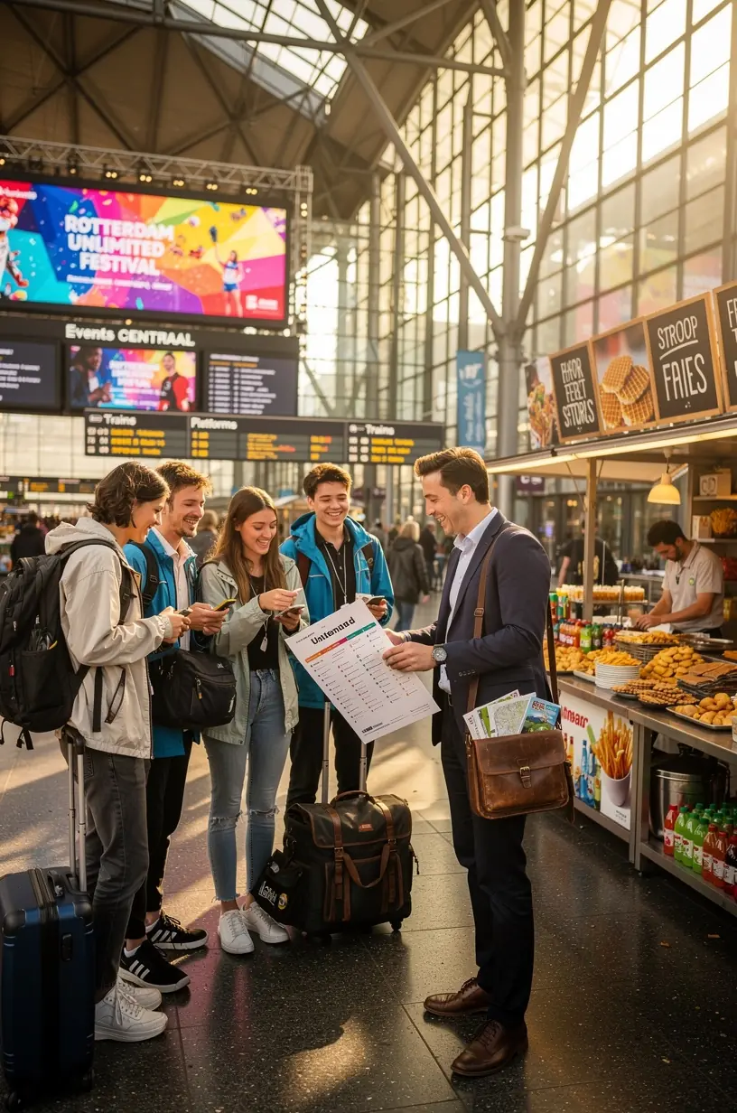 Professionele planner die een pakket samenstelt met tickets, hotelreserveringen en treinverbindingen voor een festivalreis.